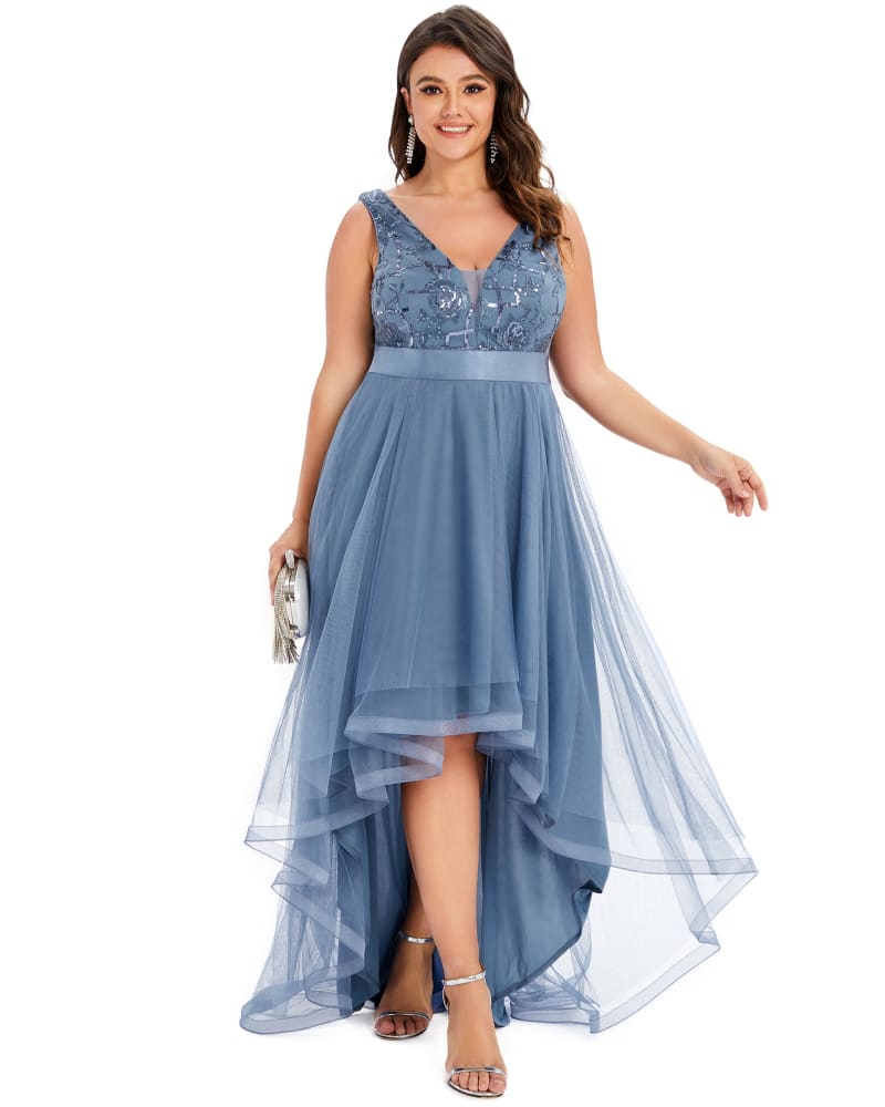 Sleeveless V back Tulle High Low Sequin Appliques Evening Dress
